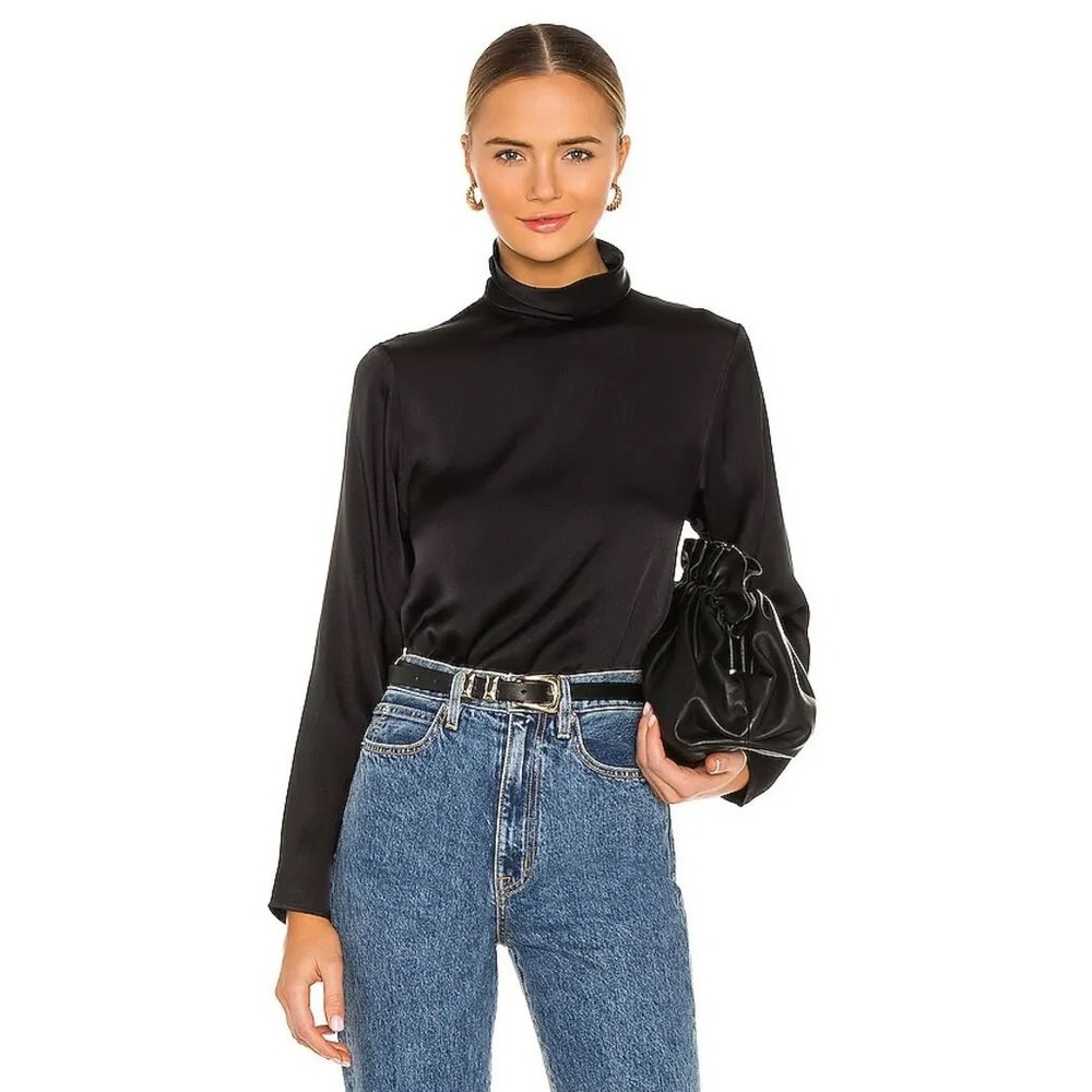 Anine Bing Cleo Black Silk Mock Neck Long Sleeve Blouse Top M